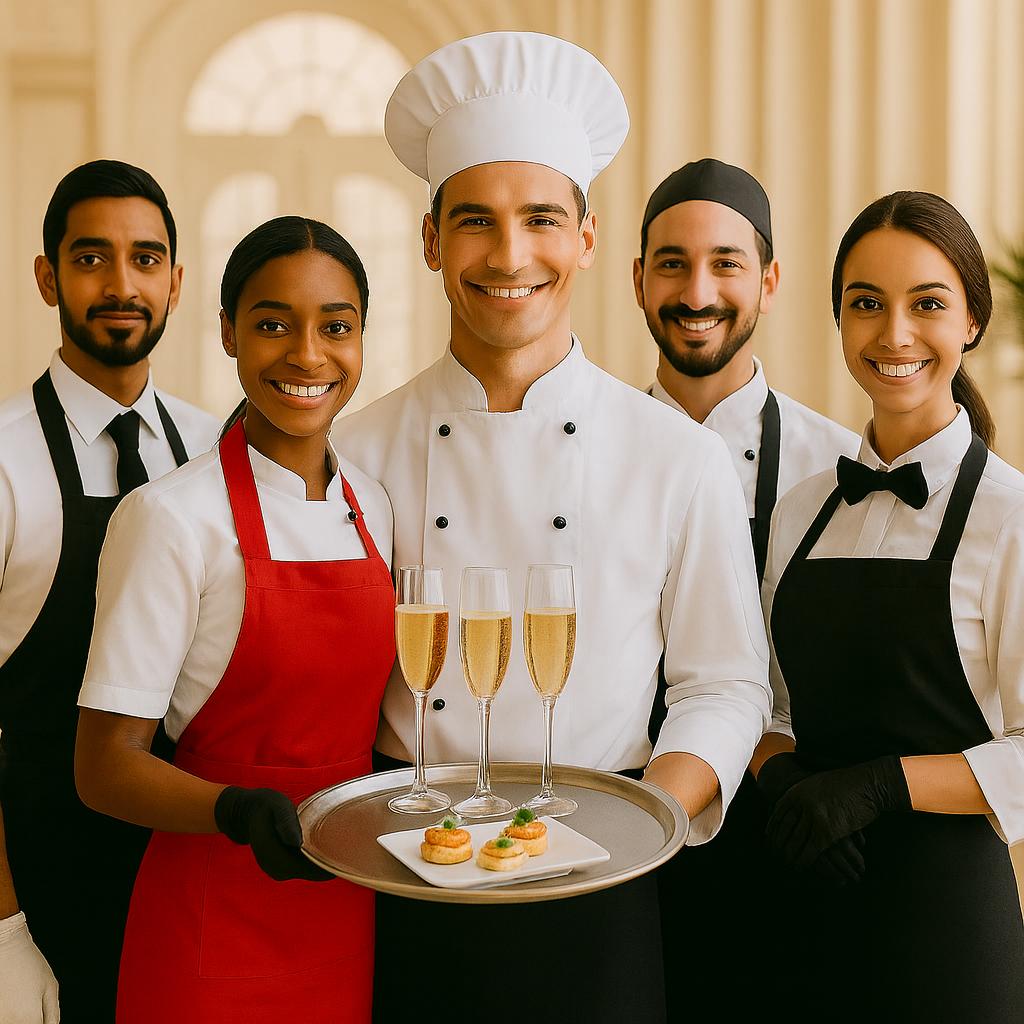 Team aus Köchen und Servicekräften mit Champagner und Begrüßungssnacks – Personalsuche Gastronomie & Hotellerie
